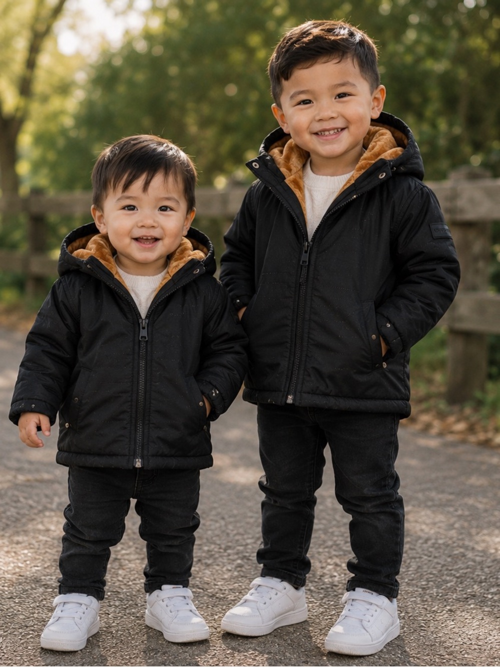 Hunter Kids Black Hooded Puffer Jacket with Tan Faux Fur Lining